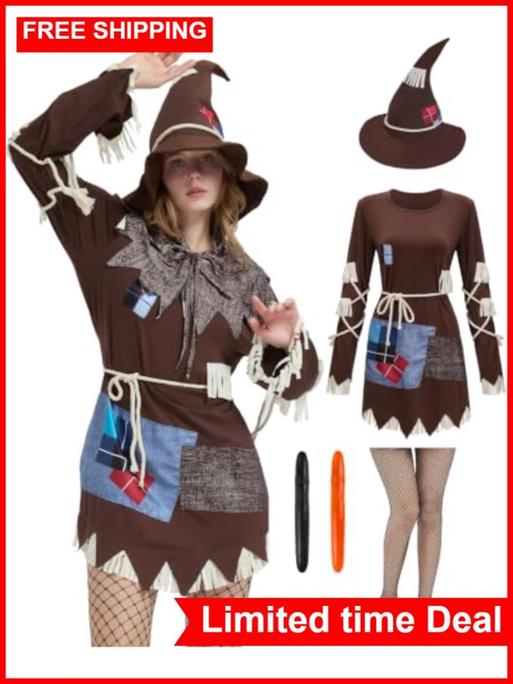 Scarecrow Costume Set Adult Straw Hat Patchwork Dress Stockings Collar